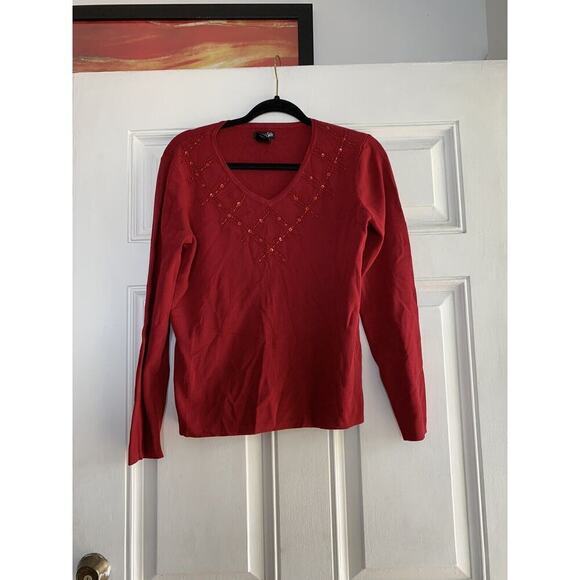 EAST 5TH WOMEN RED SWEATER long sleeved v necked SIZE Medium Beaded Sequin - Picture 1 of 5